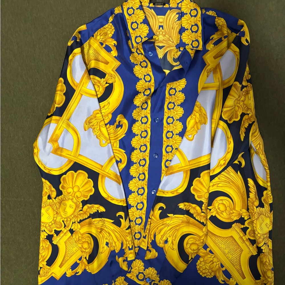 Versace Men's Blue and Yellow Baroque Shirt
